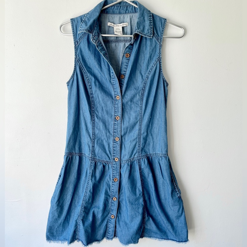 American Rag Button Front Soft Denim Drop Waist Sleeveless Collared Dress